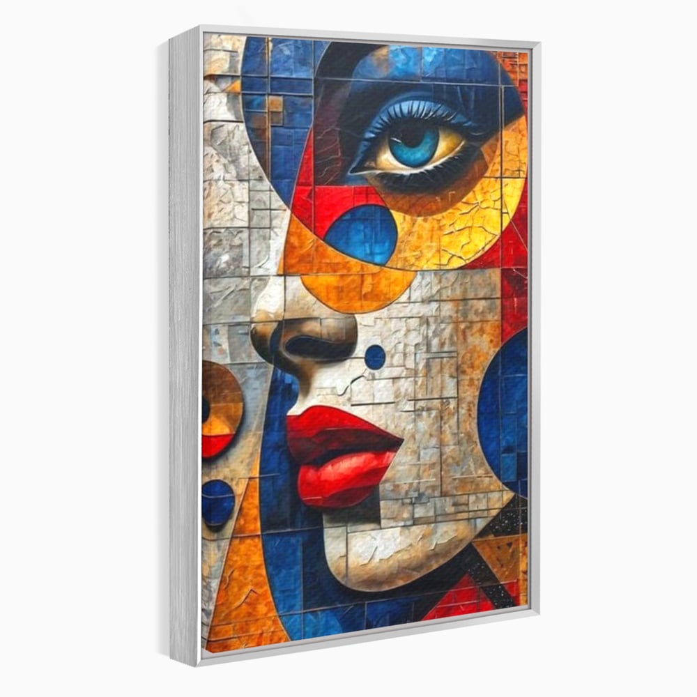 Tablou canvas cu tablou canvas cu portret abstract in stil mozaic, in rama de aluminiu argintiu
